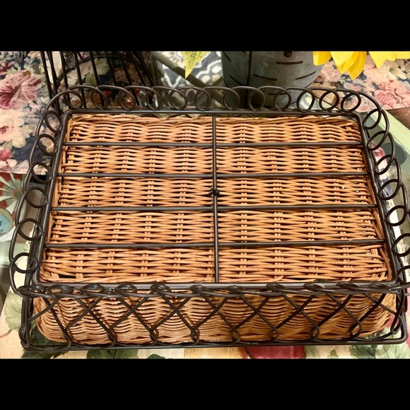Vintage Hand Woven Reed Basket W/ Black Wrought Iron Stand. Rectangular - Picture 12 of 14